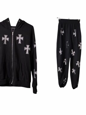 Black Cross Print Jogger Pants & Zip Hoodie Set